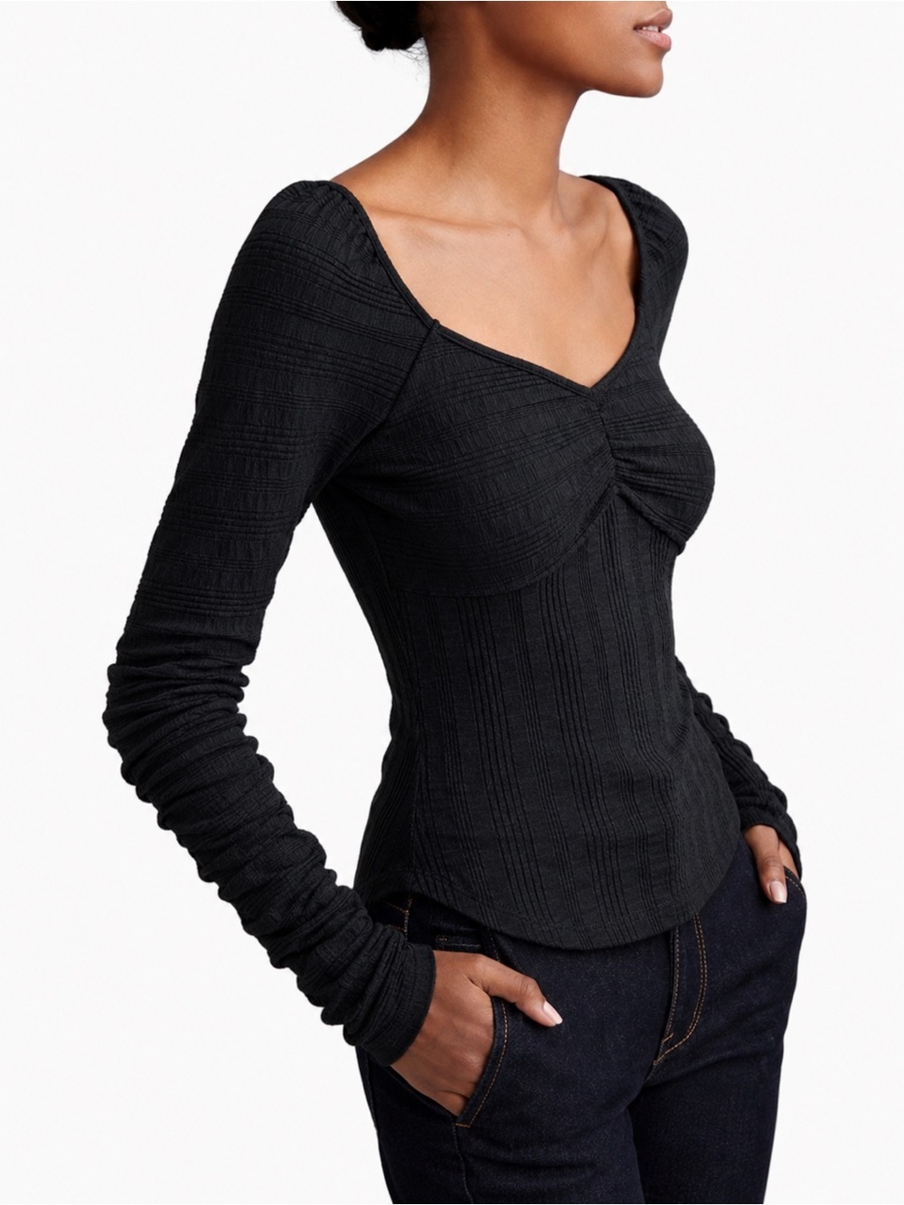 Pilcro Anthropologie Ruched Fitted V-Neck Long Sleeve Top Black XS